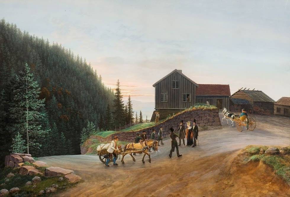 SOLNEDANG PÅ KLEIVSTUA: Bildet fra 1834 er et hovedverk av Johannes Flintoe, malt i gouache. Solnedgang på Kleivstua fra 1834 er et hovedverk av Johannes Flintoe, malt i gouache.