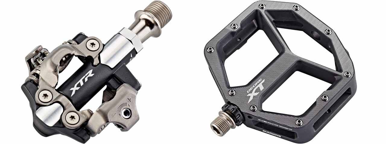 TO TYPER: Det er i all hovedsak to typer pedaler å velge mellom - klikkpedaler og flate pedaler. Shimano er en produsent som lager begge deler. slik velger du pedaler