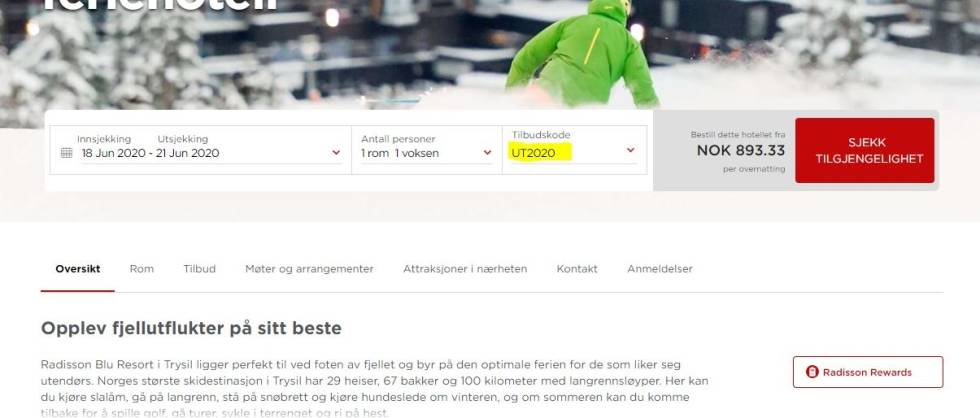 Sånn booker du overnatting hos Radisson Blu Resort Trysil, med rabattkode Illustrasjonsbilde booking overnatting utflukt 2020