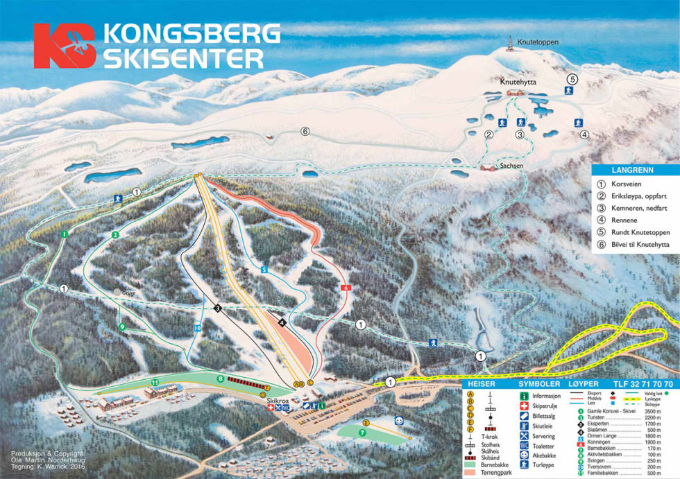 Kongsberg skisenter har i grunn en topp med en rekke ruter. Fri flyt anleggsguide kongsberg skisenter alpint