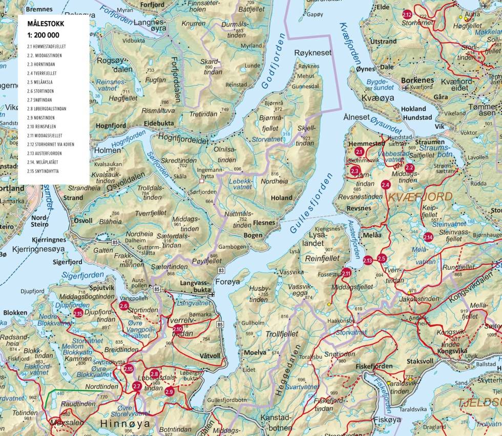Oversiktskart med inntegnet rute. Fra Toppturer rundt Harstad Kvæfjord-Sortland-Oversiktskart
