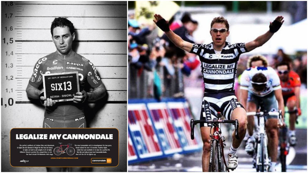 RAMPUNGER: Både Gilberto Simoni (t.v) og Damiano Cunego var med på Cannondales markedsføringsstunt mot vektgrensa. Foto: Cor Vos/ Cannondale. legalize-my-cannondale