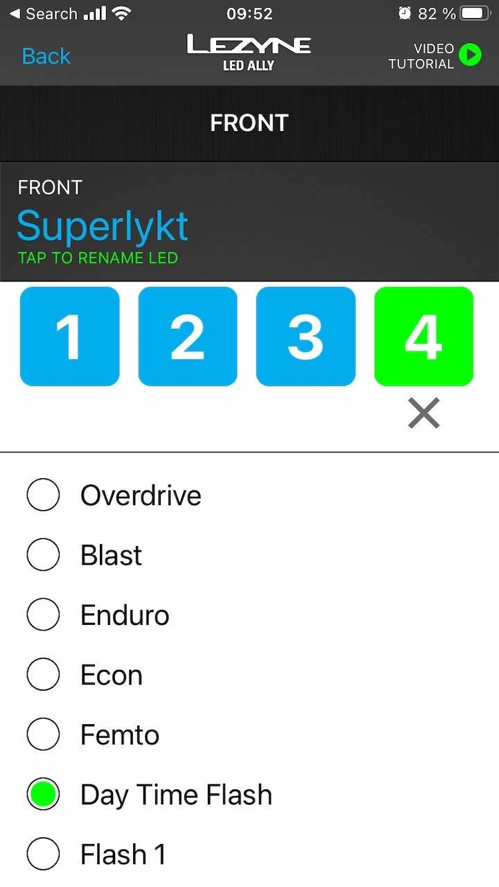 PRAKTISK APP: Lezyne-appen lar deg velge hvilke lysnivåer du kan veksle mellom i lykta. Du kan velge å bare ha to nivåer, eller alle sju. Rekkefølgen kan du også tilpasse. Lezyne Led app