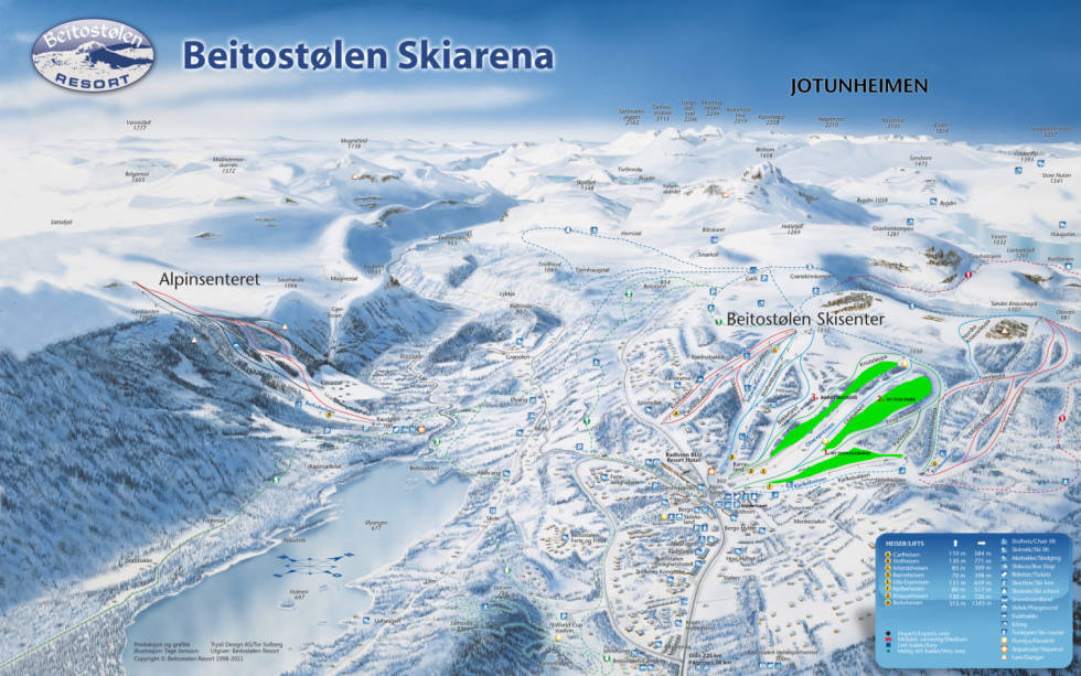 Raudalen skisenter til venstre, Bitihorn øverst og en hel haug langrennsløyper innimellom. Bitihorn Raudalen Beitostølen skisenter alpint ski snowboard løypekart pistenkarte