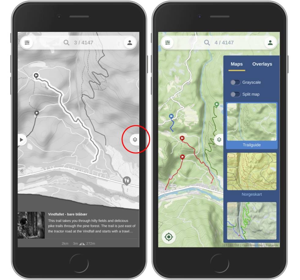 MANGE MULIGHETER: Map-overlays sørger for at du får maks uttelling på informasjon om stiene. Foto: Trailguide map-overlays trailguide