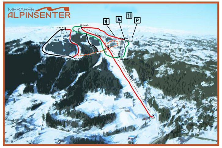 Meråker har en lang T-krok og fint terreng under og over tregrensa. Meråker alpinsenter trondheim trøndelag storlien åre skisenter løypekart alpint snowboard fri flyt guide snowboard ski freeride