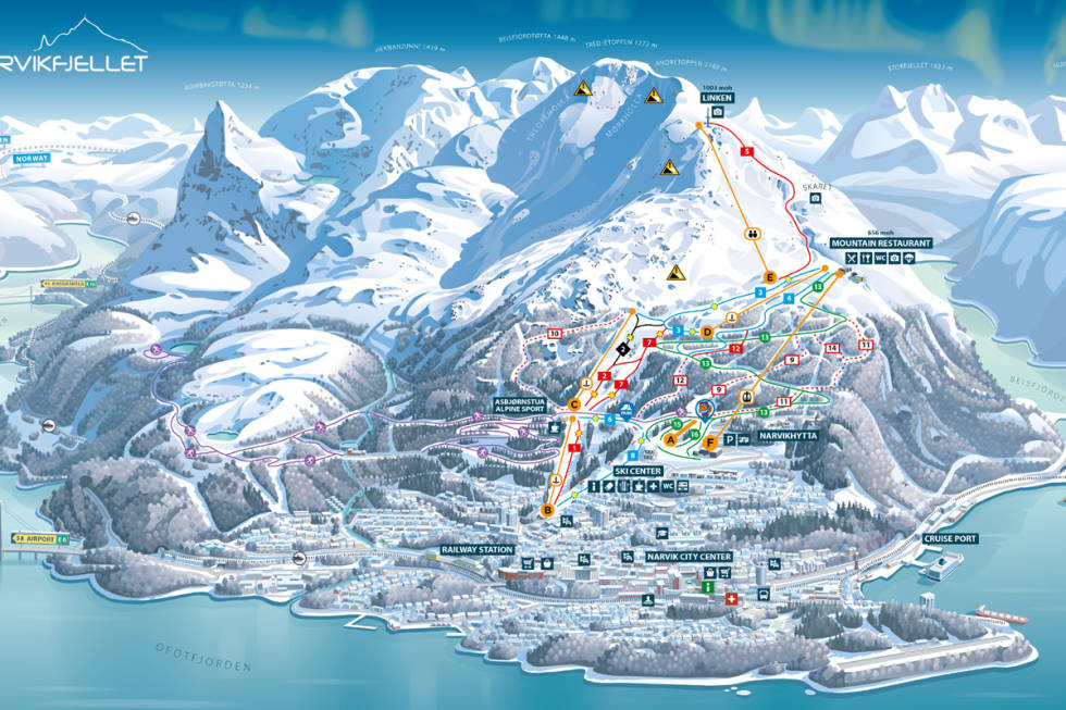 Løypekartet ble kåret til Skandinavias vakreste av svenskene i Freeride.se NArvikfjellet skisenter NArvik løypekart fri flyt freeride