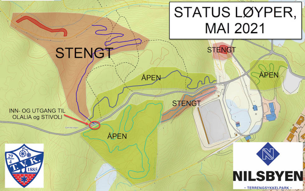 ÅPNER TRE STIER: Disse områdene er nå åpne i Nilsbyen terrensykkelpark i Trondheim. Illustrasjon: Ola Resell Nilsbyen terrensykkelpark Trondheim