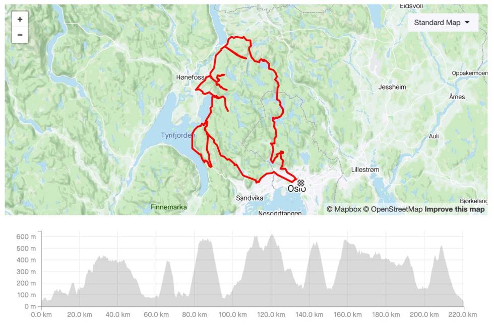 LANGT OG HARDT: Kart og høydeprofil til Nordmarka 5000. Nordmarka-5000-grus-gravel