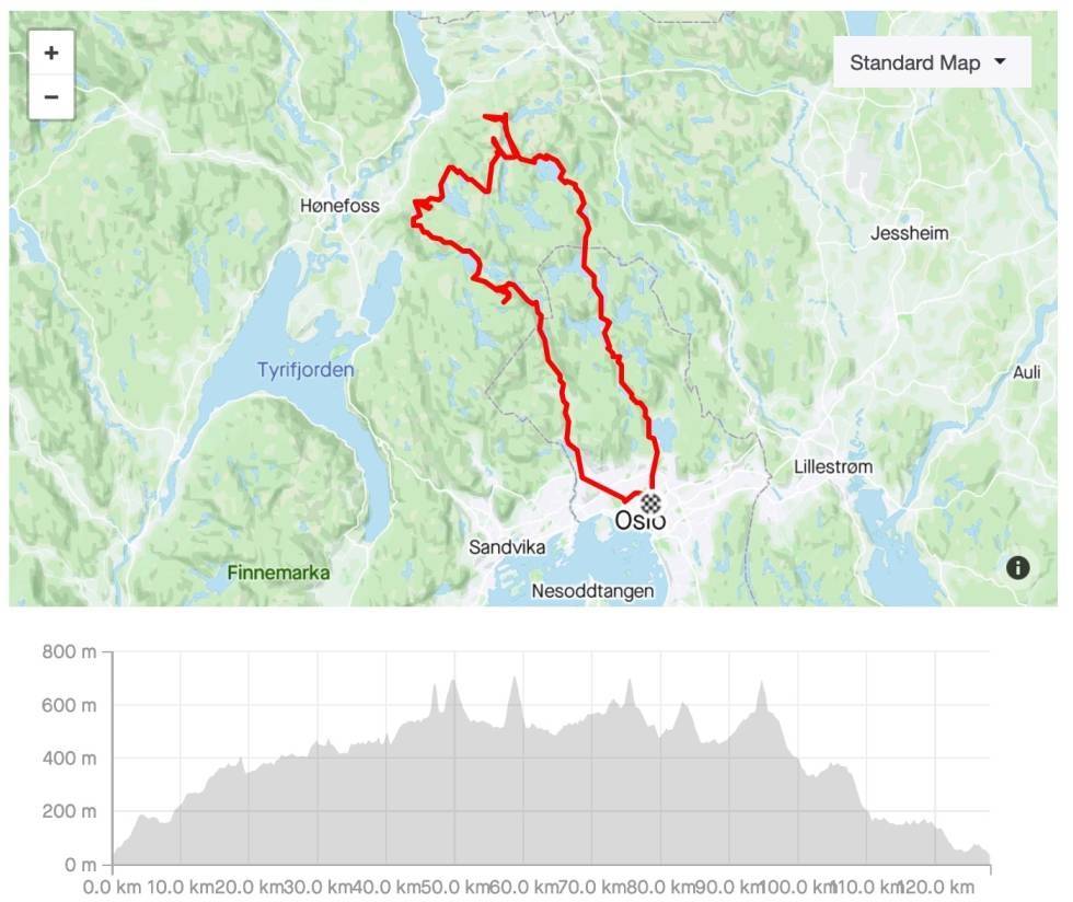 TOPPTUR: Kart-og høydeprofil for de fem høyeste toppene i Nordmarka. nordmarka-fem-topper