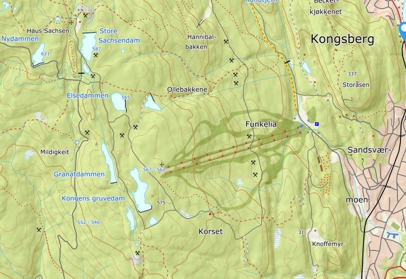 Legg merke til alle gruvemarkeringene i kartet - og pass opp for hull i bakken! gruvene i kongsberg skisenter