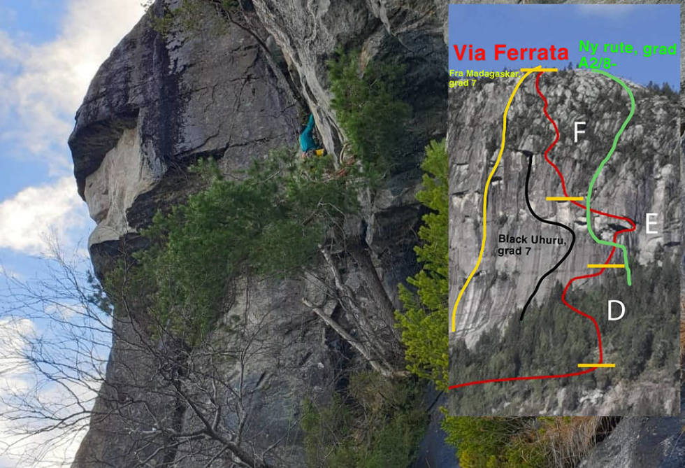 Via Lapis ble etablert i fjor, der klatrerne klatret der via ferrataen skal gå - i protest mot via ferrataen. Foto: Andreas Klarström og Tellef Storebakken ny-rute-midt-oppi-via-ferrataen-paa-andersnatten-crop1280