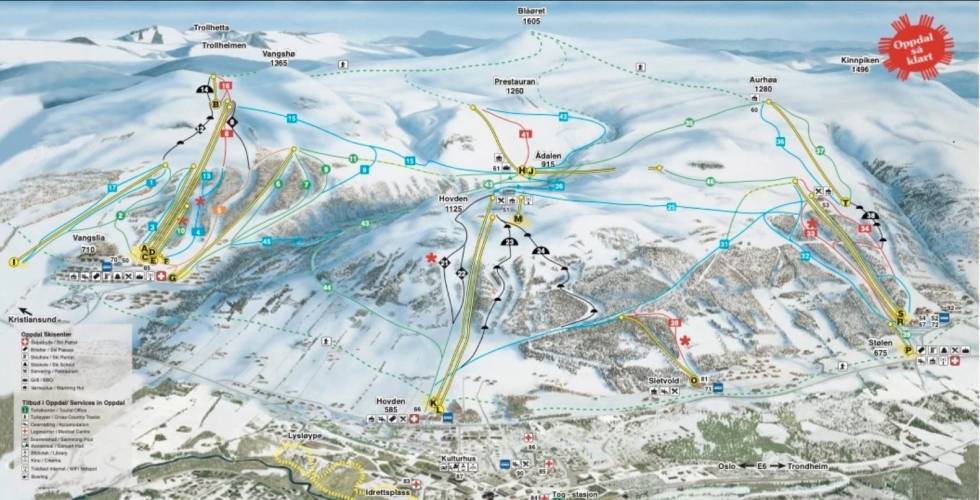 Stølen, Vangslia og Hovden utgjør Oppdal skisenter. Mini-toppturdestinasjonen Blåøret øverst. Oppdal skisenter Oppdal så klart alpinsenter trondheim alpint snowboard fri flyt guide snowboard ski freeride
