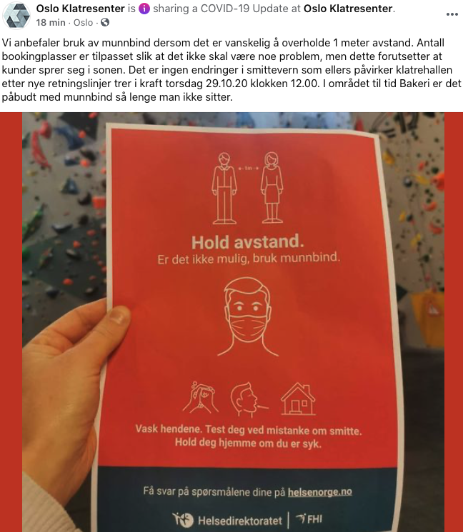 Facebook-innlegget til Oslo Klatresenter 29.oktober Oslo klatresenter