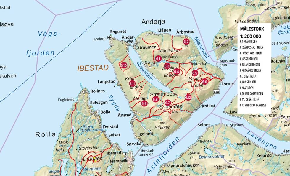 Oversiktskart med inntegnet rute. Fra Toppturer rundt Harstad Oversiktskart-Andørja-Harstad-1