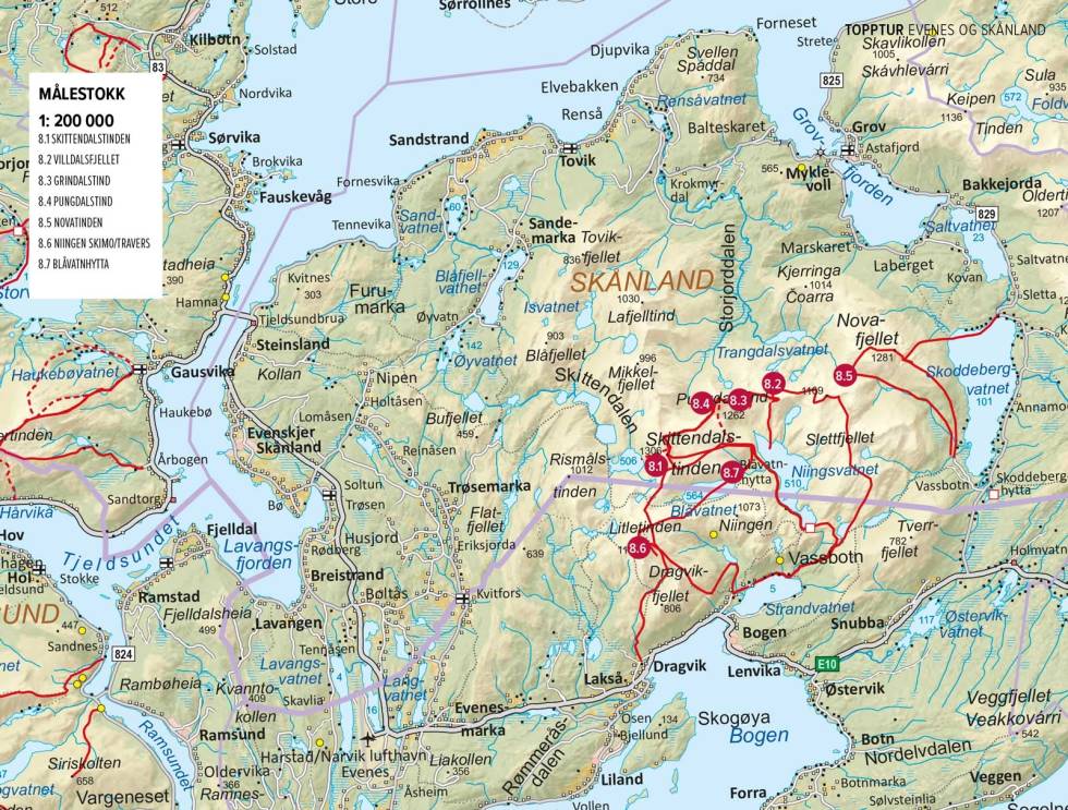 Oversiktskart med inntegnet rute. Fra Toppturer rundt Harstad Oversiktskart-Evenes-Skånlan-Harstad-1