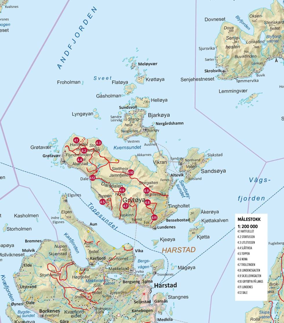 Oversiktskart med inntegnet rute. Fra Toppturer rundt Harstad Oversiktskart-Grytøya-Harstad