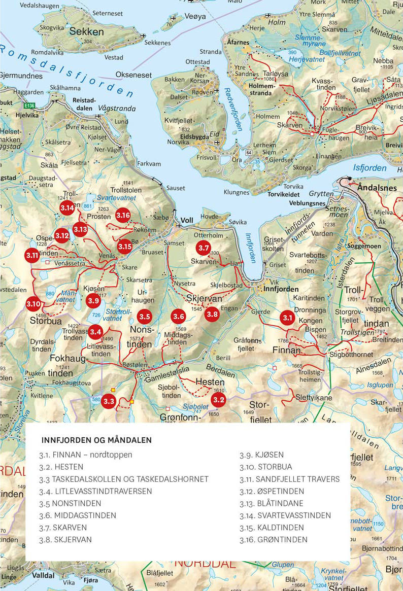 Oversiktskart over Innfjorden og Måndalen med inntegnet rute. Fra Toppturer i Romsdalen Oversiktskart-Innfjorden-Måndalen-Romsdalen