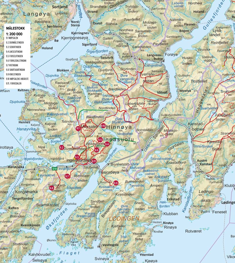 Oversiktskart med inntegnet rute. Fra Toppturer rundt Harstad Oversiktskart-Møysalen-nasjonalpark