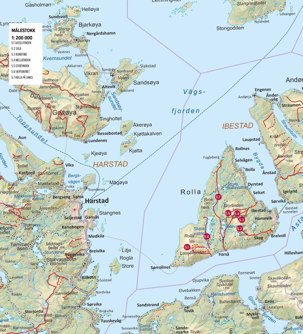 Oversiktskart med inntegnet rute. Fra Toppturer rundt Harstad Oversiktskart-Rolla-Harstad