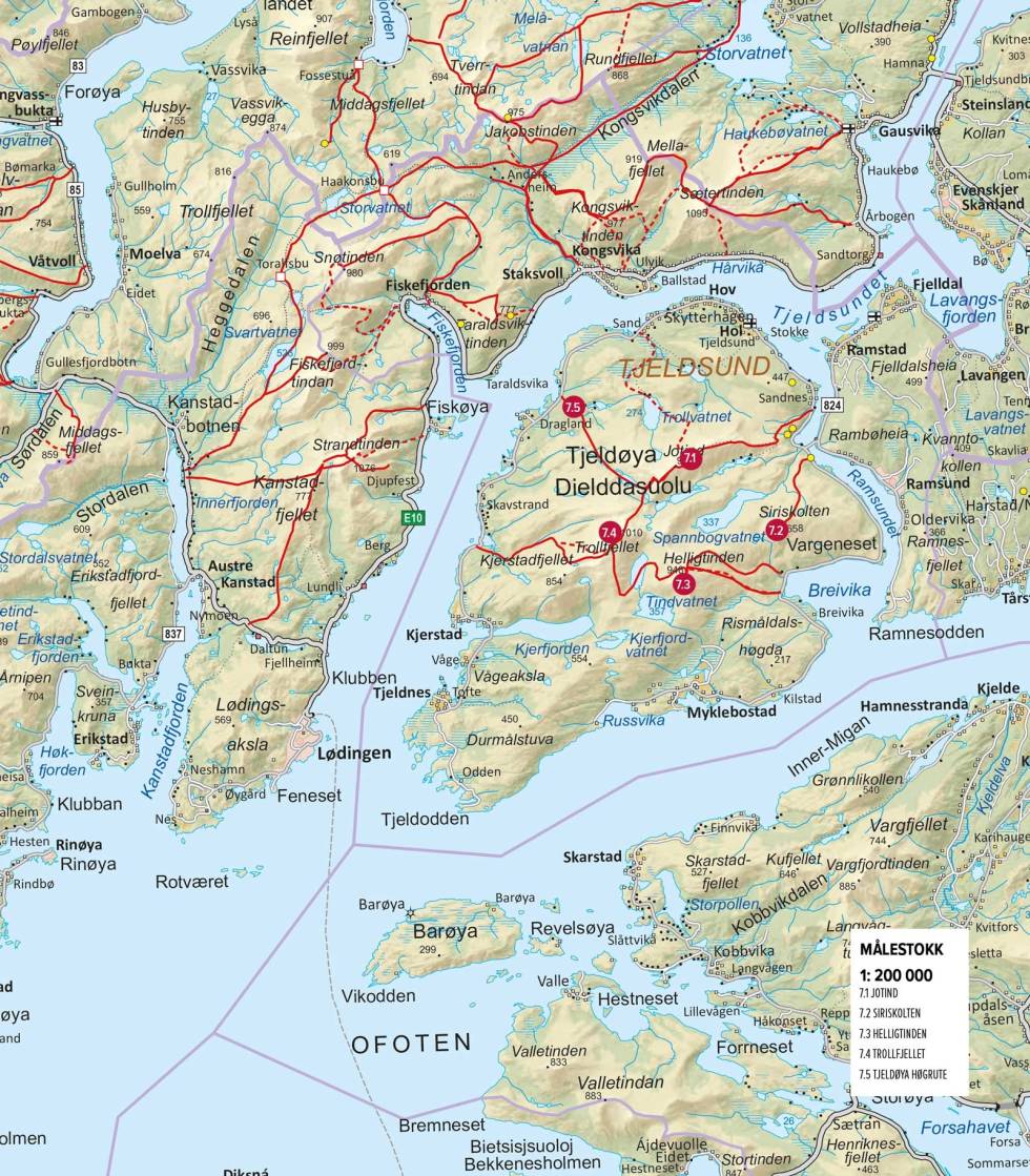 Oversiktskart med inntegnet rute. Fra Toppturer rundt Harstad Oversiktskart-Tjeldøya-Harstad