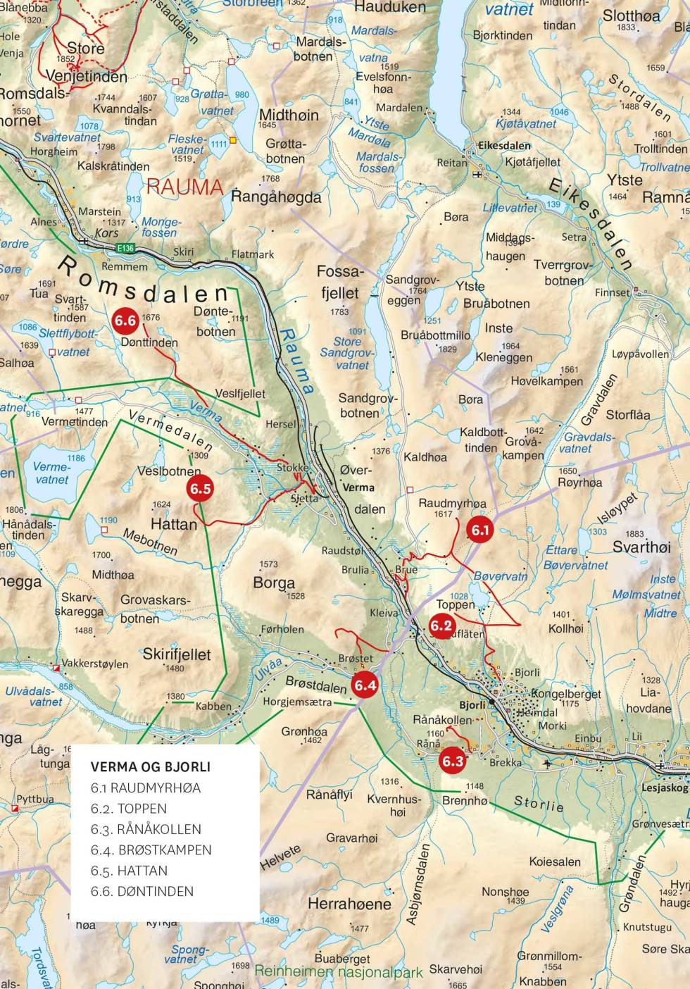 Oversiktskart over Verma og Bjorli med inntegnet rute. Fra Toppturer i Romsdalen Oversiktskart-Verma-Bjorli-Toppturer-i-Romsdalen