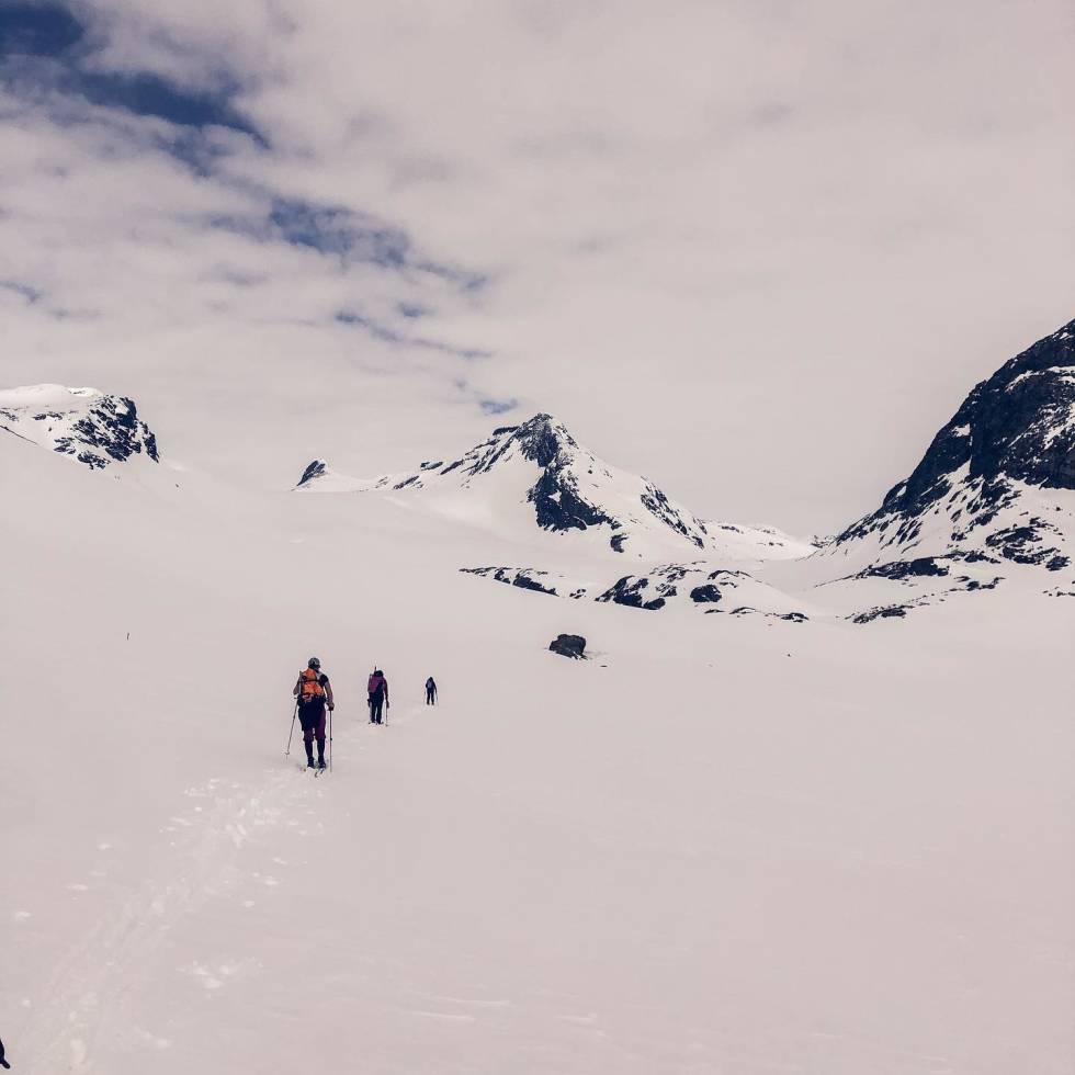 I jevnt sig mot Mjølkedalsbreen. Mjølkedalspiggen til høyre og Sagi til venstre i bildet. Mjølkedalsbreen