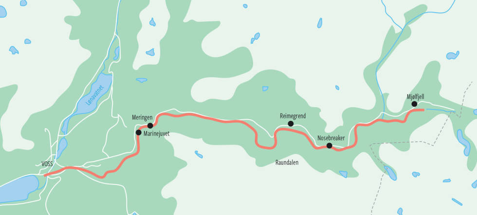 Raundalselva: Elva renn over 40km frå Mjølfjell til Voss sentrum, og har sitt utspring i fjellheimen på over 1200moh. Den er ein del av det verna Vossvassdraget som består av dei tre greinene Raundalselva, Strandaelva og Bordalselva. Padling-Voss-10