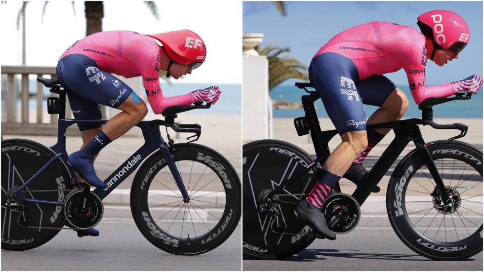 NY CANNONDALE: Cannondale ser ut til å ha en ny temposykkel på gang. Her sykler Simon Carr på forrige generasjon Slice, mens Sebastian Langeveld er på en ny sykkel med skivebremser. Eller sykler Langeveld på en ikke sponsor-korrekt sykkel? Foto: Corvos Ny cannodale sykkel