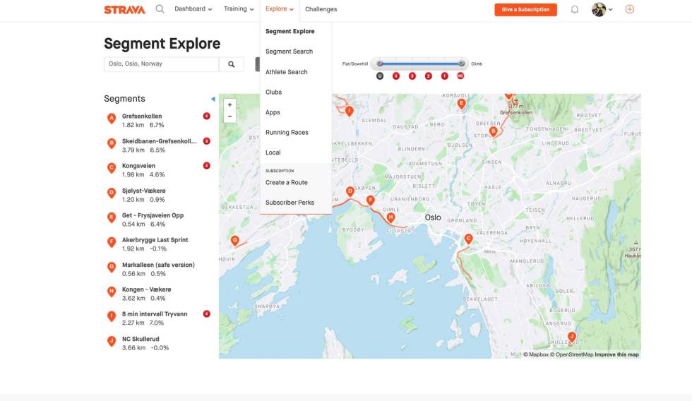 PLANLEGG TUR HER: Her finner du ruteplanleggeren på Strava i menyen. Foto: Skjermdump ruteplanlegger sykkel tur strava gps