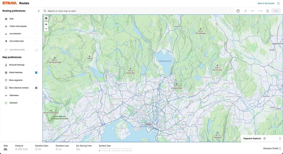 MANGE VALG: Skal du planlegge sykkeltur med Strava har du flere valg i menyen. Foto: Skjermdump ruteplanlegger tur sykkel strava gps landevei terrengsykkel