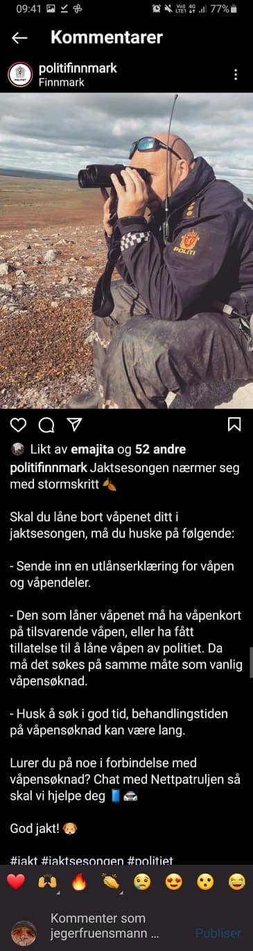 Den originale versjonen av politiets innlegg på Instagram. Politiet utlånserklæring, våpen, låne jaktvåpen