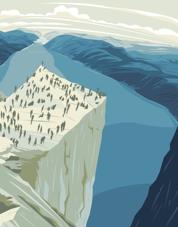 PREIKESTOLEN: Det unike fjelllplatået ved Lysefjorden er ansett som Norges fremste naturbaserte reisemål. Illiustrasjon: Simon Scarsbrook preikestolen