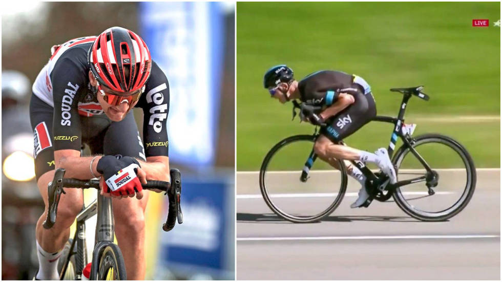 FORBUDT: UCI oppdaterte regelverket for å forby disse sittestillingene. Samtidig kom de med noen uheldige regelendringer for selve sykkelen, som kan få store konsekvenser. Foto: Cor Vos. puppy-paws