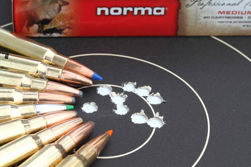 Gode jaktvenner: Alt tyder på et godt samarbeid mellom Norma og Blaser, for 33 mm samling på 100 m med ni forskjellige patrontyper er veldig bra. Rifleammunisjon-Norma-4