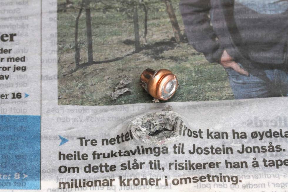 Får gjennomgå: Pressen må tåle det meste. Jaktkulene ble testet i våte aviser på 20 m hold. Duger det for avisene, duger det for elgen Riflepatroner-RWS-11