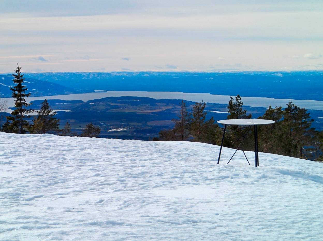 VIDSYNT: Fra toppen av Ringkollen har du utsyn over hele Ringerike med snøkledde fjell som Norefjell og Blefjell i bakgrunnen. Foto: Bjørn Revil Ringkollen