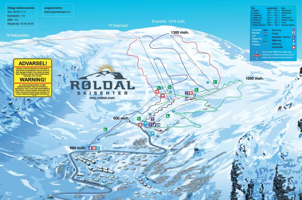 Du har telefon til den lokale taxien på løypekartet - du kommer til å ha bruk for skyss i Røldal. Røldal skisenter løypekart offpiste freeride pudder løssnø