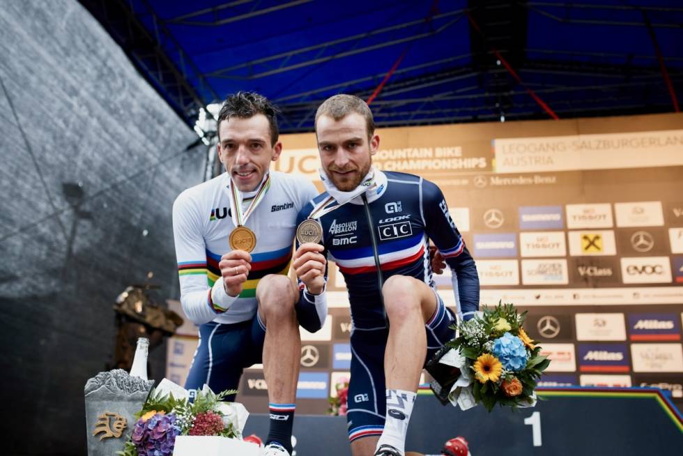GULL OG BRONSE: Jordan Sarrou og Titouan Carod er lagkamerater både på Absolute-Absalon-BMC og på Frankrikes landslag. Foto: Irmo Keizer Jordan Sarrou og Titouan Carod