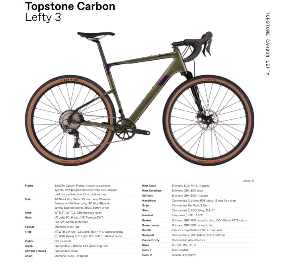 TOPSTONE LEFTY 3: Shimano mekanisk GRX, alu-Lefty og alu-pinne og styre. Cannondale Topstone Carbon Lefty