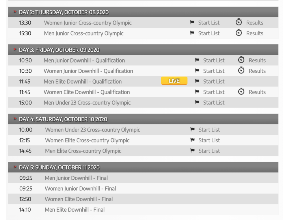 IKKE ALT PÅ TV: Det er bare XCO og utforfinalene for herrer og kvinner elite som går på RedBull-TV. De andre rittene kan følges vi Live-timing. VM-Programmet 2020