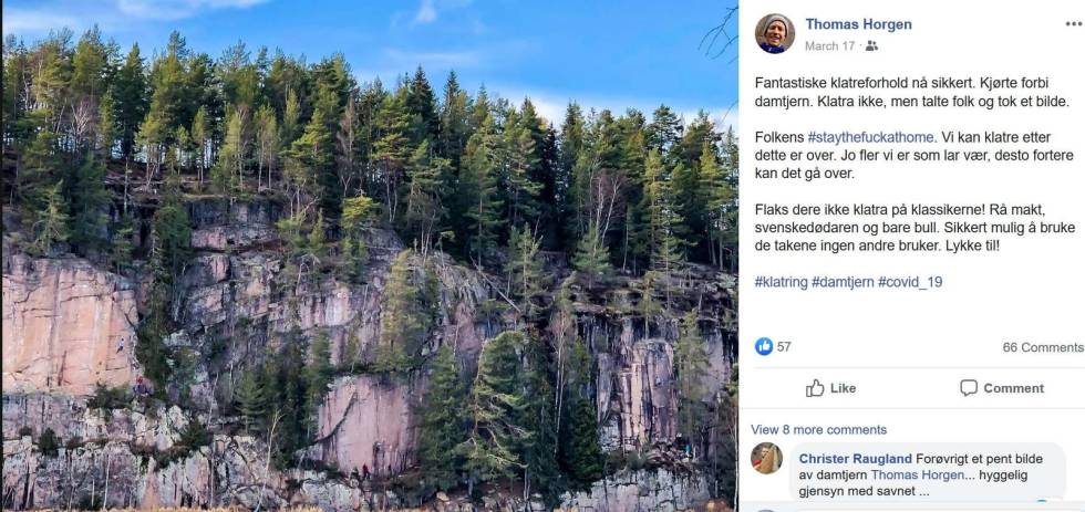 DEBATT: Innlegg fra Thomas Horgen på Facebook, der han oppfordrer oss til å bli hjemme. - Isolasjon og inaktivitet er også skadelig, skriver Erik Grandelius. Screenshot_2020-03-20 Thomas Horgen