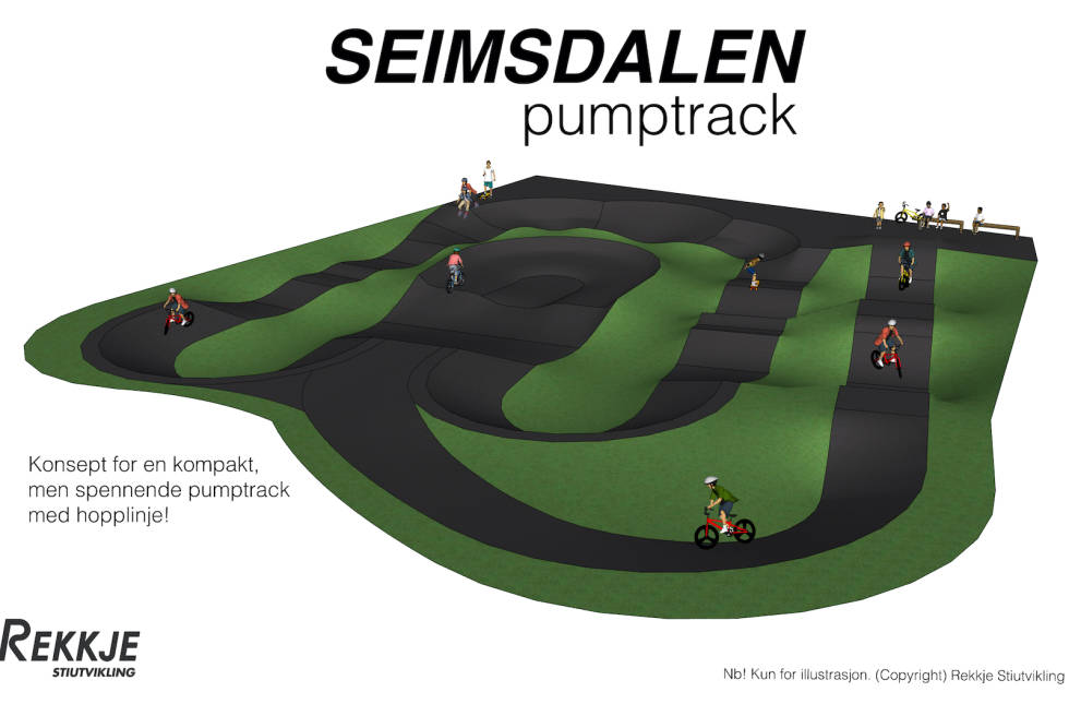 Skisse over pumptrack-anlegget som Årdal grovsyklarlaug har fått Rekkje Stiutvikling AS til å designe for seg. Illustrasjon: Rekkje Stiutvikling AS Pumptrack Seimsdalen Årdal