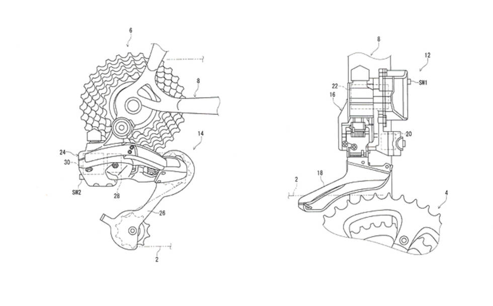 MED LEDNING: Ledningene er ikke tegnet inn på patentsøknaden. Men vi har fått bekreftet at det vil gå ledning fra skifteren til batteriet. shimano-12delt-2-2