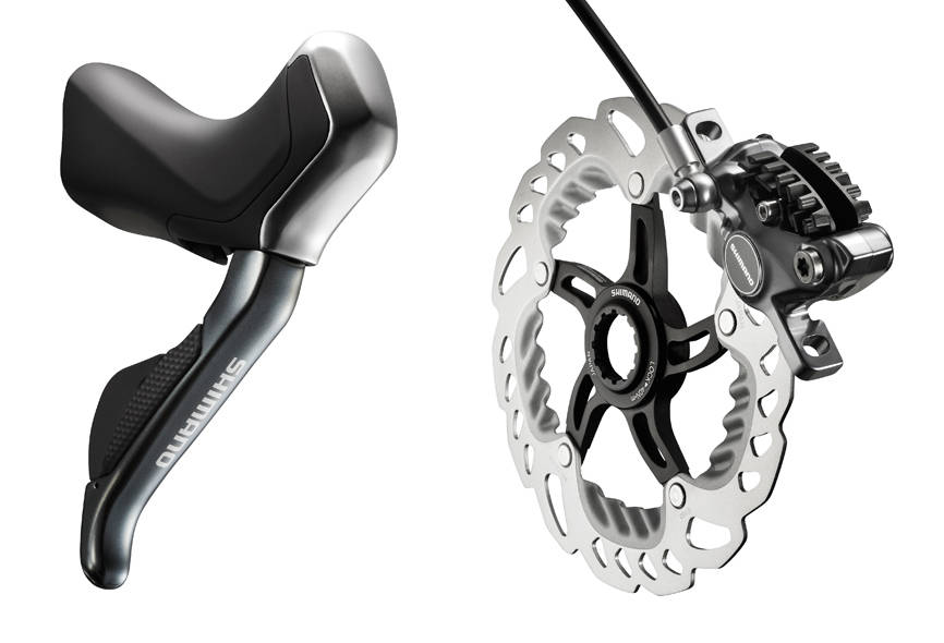 FØRSTE GENERASJON: Her ser vi første generasjon hydrauliske skivebremser med elektroniske gir. Siden 2015 er både hendler og kalipere blitt mindre. Shimano-Disc-Brake