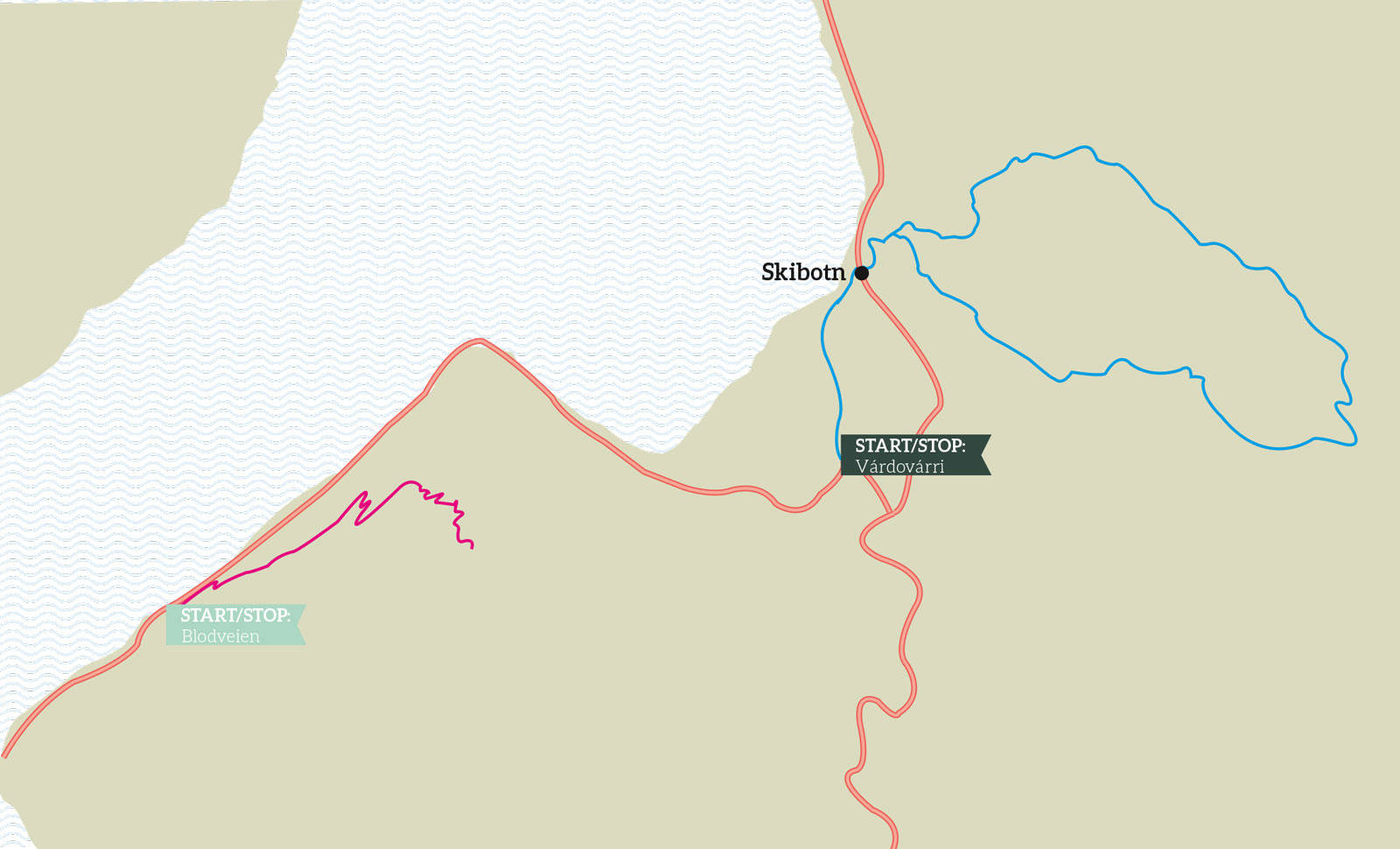 To fine: Kartet viser to av turene du kan sykle i Skibotn. Várdovárri er en fin rundtur, Blodveien er en kort, men noe mer teknisk topptur. Skibotn-Stisykling-6