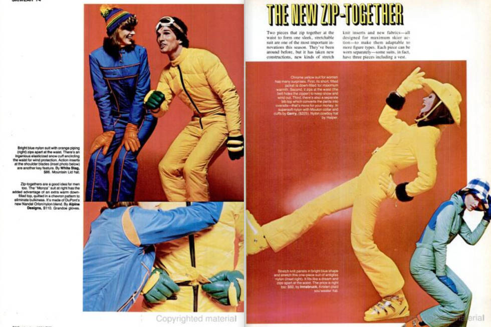 Mote anno 1974 - fra den tiden hvor det var innafor å kle seg som "the gimp" fra Pulp Fiction. Skiwear 1974