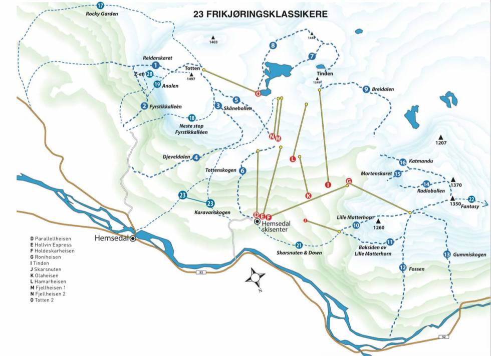 Offpiste Hemsedal VARIERT OG STORT: Hemsedal har masse god offpistekjøring, i alle vanskegrader. Få norske skisentre har like mye og variert terreng å by på utenfor løypene. Trykk på kartet for større versjon.