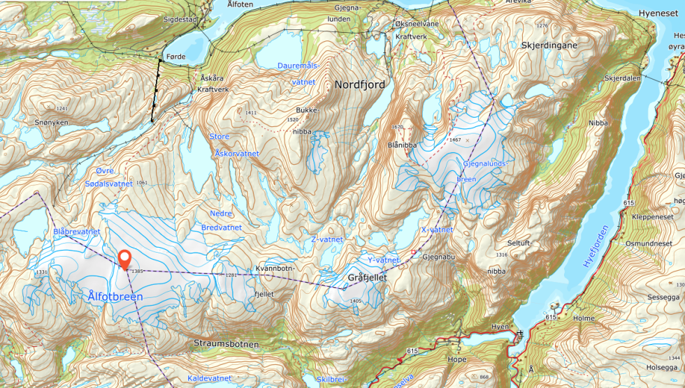KARTUTSNITT: Ålfotbreen landskapsvernområde. norgeskart.no Ålfotbreen kart gjegnabu