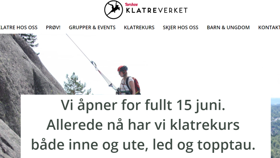 Nettsidene til Klatreverket annonserer åpning 15. juni. Foto: Skjermdump klatreverket skjermdump gjenåpning